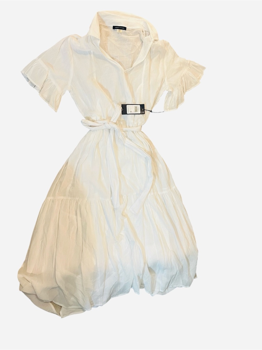 Lightweight White Gauze Dress with Tie Waist - Picture 5 of 7